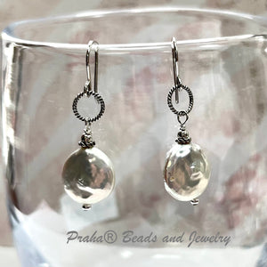 White Freshwater Coin Pearl Earrings in Sterling Silver