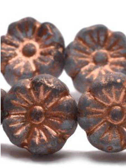 Czech Hibiscus Flower Grey with an Etched Finish and Copper Wash, 9 MM