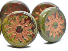 Load image into Gallery viewer, Czech Glass Sun Coin Burnt Umber with Copper and Picasso Finish, 22 MM
