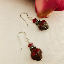 Load image into Gallery viewer, Red Baroque Czech Glass Bicone Drop Earrings with Swarovski Crystals, in Sterling Silver
