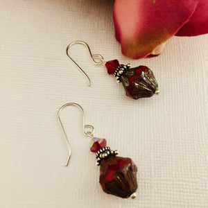Red Baroque Czech Glass Bicone Drop Earrings with Swarovski Crystals, in Sterling Silver