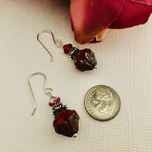 Red Baroque Czech Glass Bicone Drop Earrings with Swarovski Crystals, in Sterling Silver