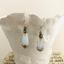 Load image into Gallery viewer, Czech Glass White Faceted Dangle Drop Earrings in Gold in Sterling Silver
