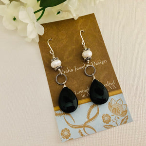 Black Agate and Moonstone Long Dangle Earrings
