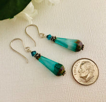 Load image into Gallery viewer, Czech Glass Caribbean Blue Faceted Dangle Drop Earrings, Sterling Silver
