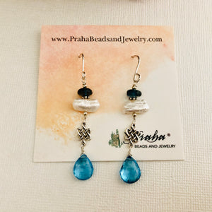 Long Swiss and London Blue Topaz and Pearl Dangle Earrings in Sterling Silver