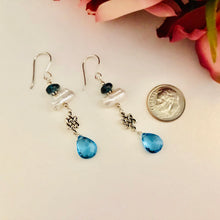 Load image into Gallery viewer, Long Swiss and London Blue Topaz and Pearl Dangle Earrings in Sterling Silver
