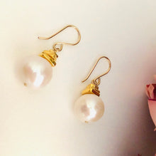 Load image into Gallery viewer, Huge Round Pearl Drop Earrings in 14K Gold Fill

