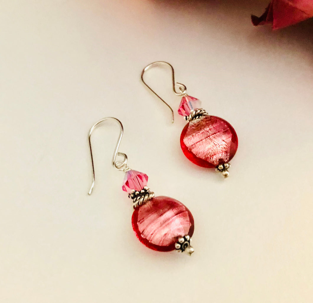 Pink Murano Glass Coin Earrings in Sterling Silver SPECIAL PRICE