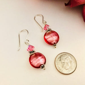 Pink Murano Glass Coin Earrings in Sterling Silver SPECIAL PRICE