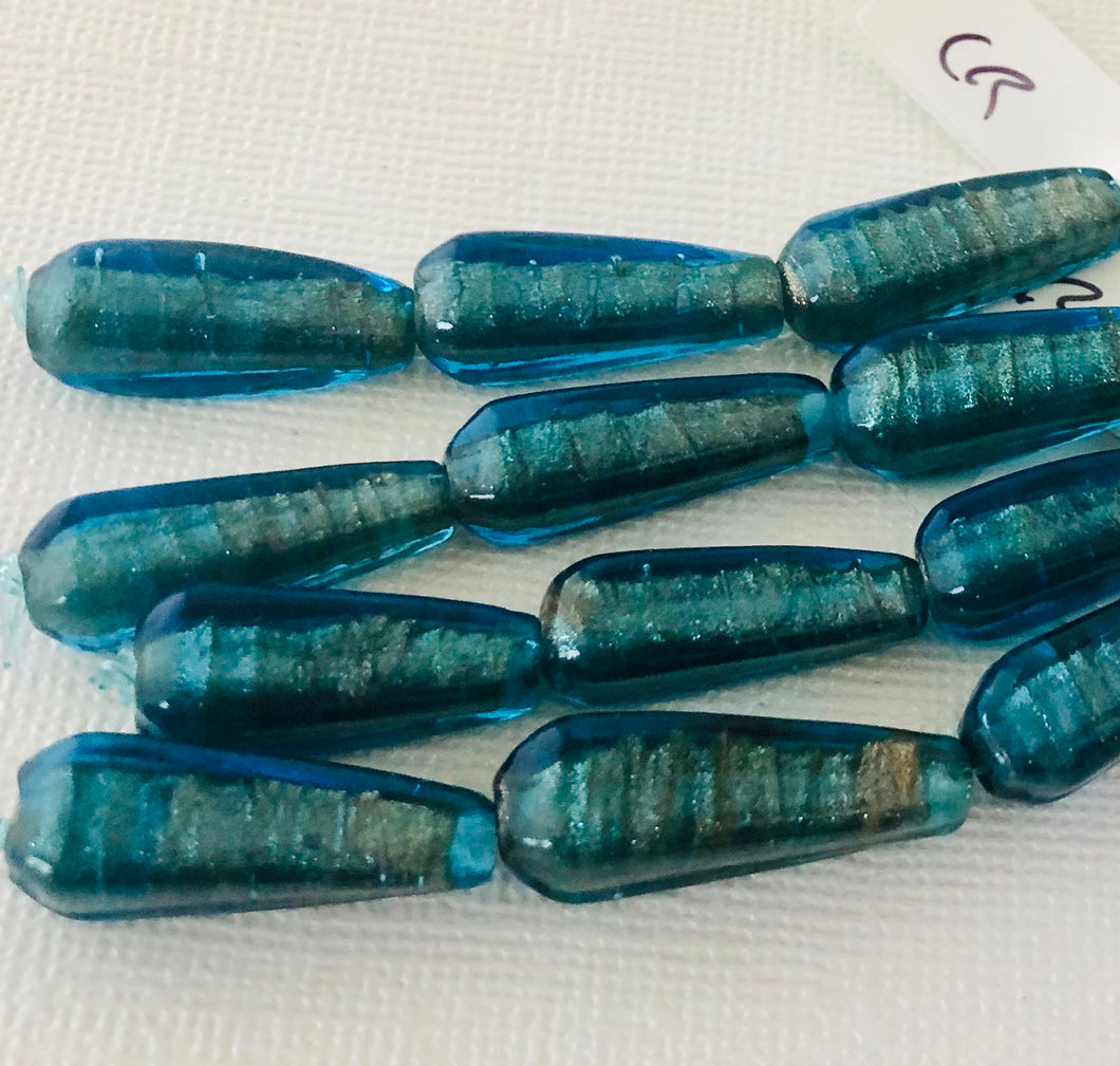 Czech Caribbean Blue Tapered Lampwork Glass Beads, 23 MM
