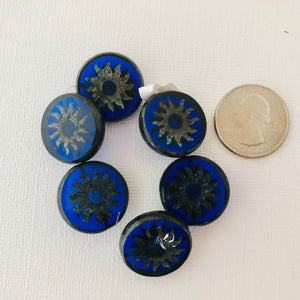 Czech Glass Sun Coin Sapphire Blue, 22 MM