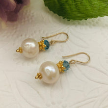 Load image into Gallery viewer, Freshwater Pearl and Swiss Blue Topaz Earrings in 14K Gold Fill

