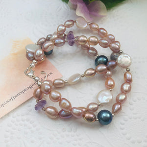 Pink and Grey Three-Strand Freshwater Pearl Bracelet in Sterling Silver