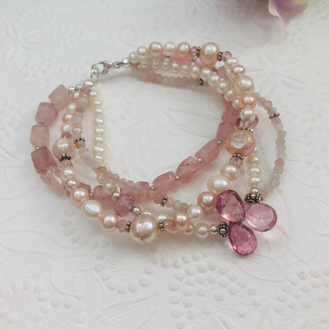 Pink Four-Strand Multi Gem and Freshwater Pearl Bracelet in Sterling Silver