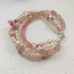 Pink Four-Strand Multi Gem and Freshwater Pearl Bracelet in Sterling Silver