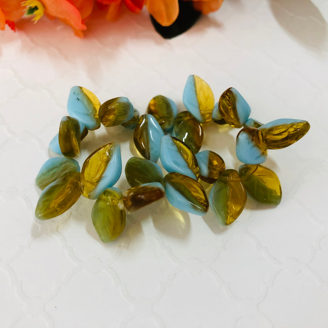 Light Blue and Toffee Glass Leaves, Czech 12MM