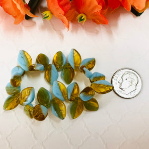 Light Blue and Toffee Glass Leaves, Czech 12MM