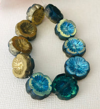 Load image into Gallery viewer, Czech Glass Hibiscus Flower Pale Blue with a Gold Luster and an Etched Finish, 14 MM
