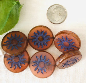 Czech Glass Coin Sun Rosewood with a Violet Wash and Picasso Finish, Table Cut
