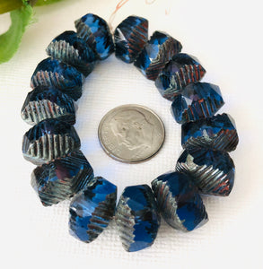 Czech Glass Curvy Rondelle Sapphire with Picasso Finish, 10 MM x 14 MM