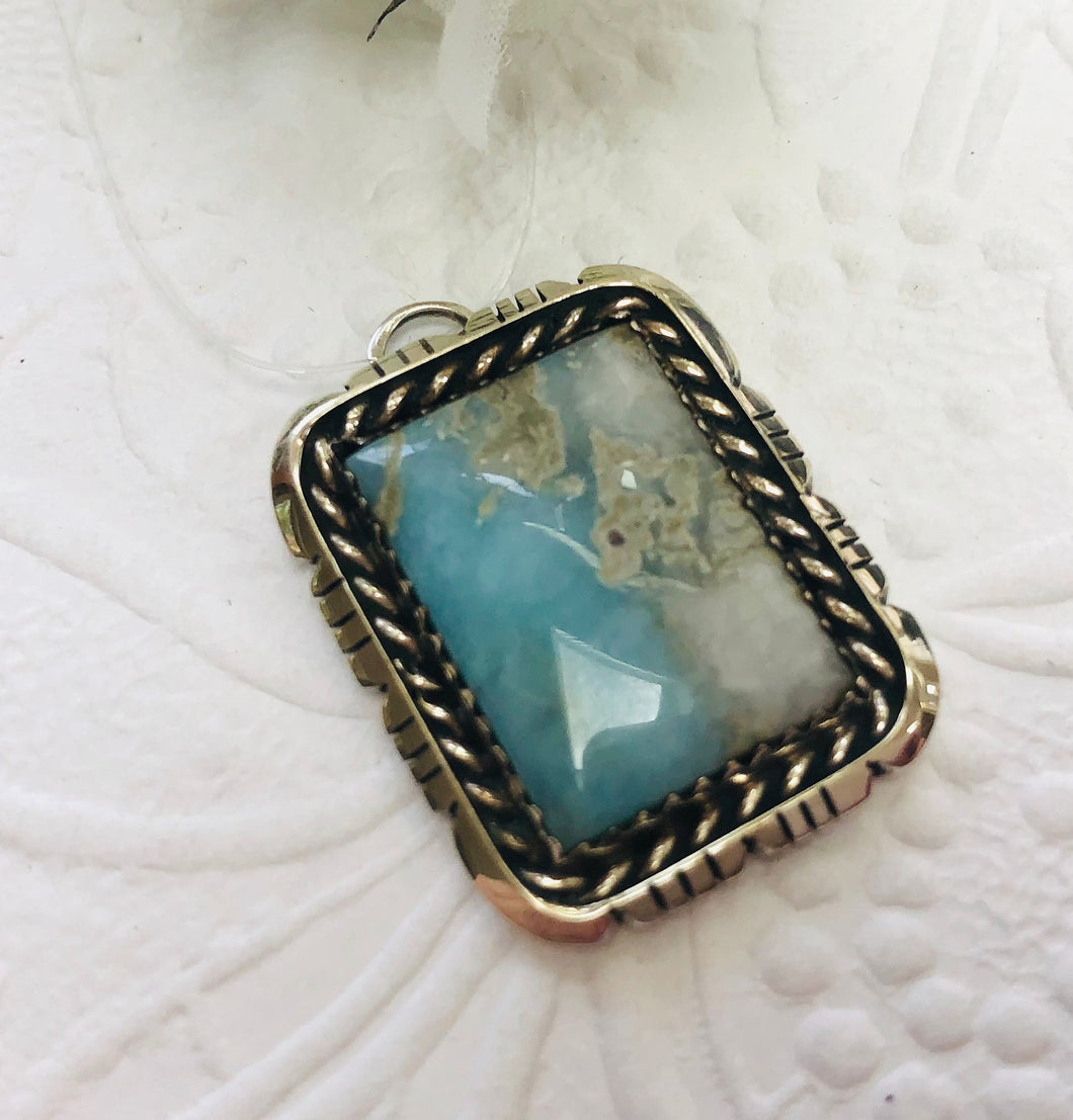Navajo Sterling Silver Pendant with Larimar, Signed by the Artist
