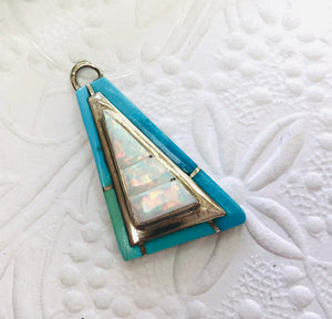 Navajo Sterling Silver Pendant with Turquoise and Opal, Signed by the Artist