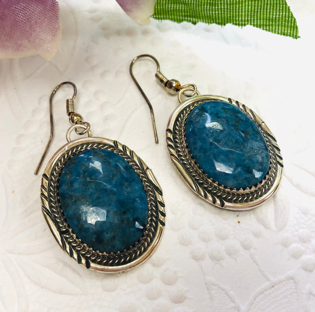 Navajo Sterling Silver Earrings with Denim Lapis, Signed by the Artist