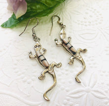Load image into Gallery viewer, Navajo Sterling Silver Lizard Earrings with Mother of Pearl, Signed by the Artist
