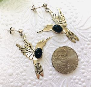 Sterling Silver Hummingbird Earrings with Black Onyx, Signed by the Artist