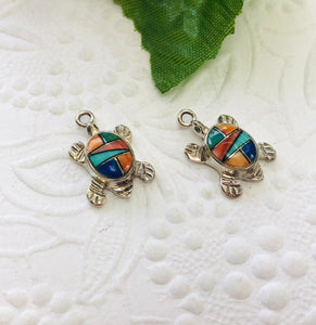 American Indian Sterling Silver Turtle Pendant/Earrings with Multi Gemstone Inlay