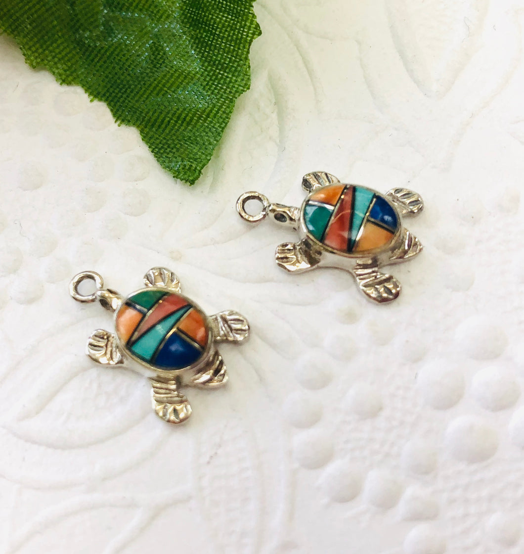 American Indian Sterling Silver Turtle Pendant/Earrings with Multi Gemstone Inlay