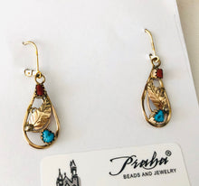 Load image into Gallery viewer, American Indian 12K Gold Fill Turquoise and Coral Lever Back Earrings, Signed by the Artist
