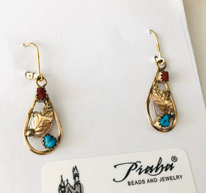 American Indian 12K Gold Fill Turquoise and Coral Lever Back Earrings, Signed by the Artist