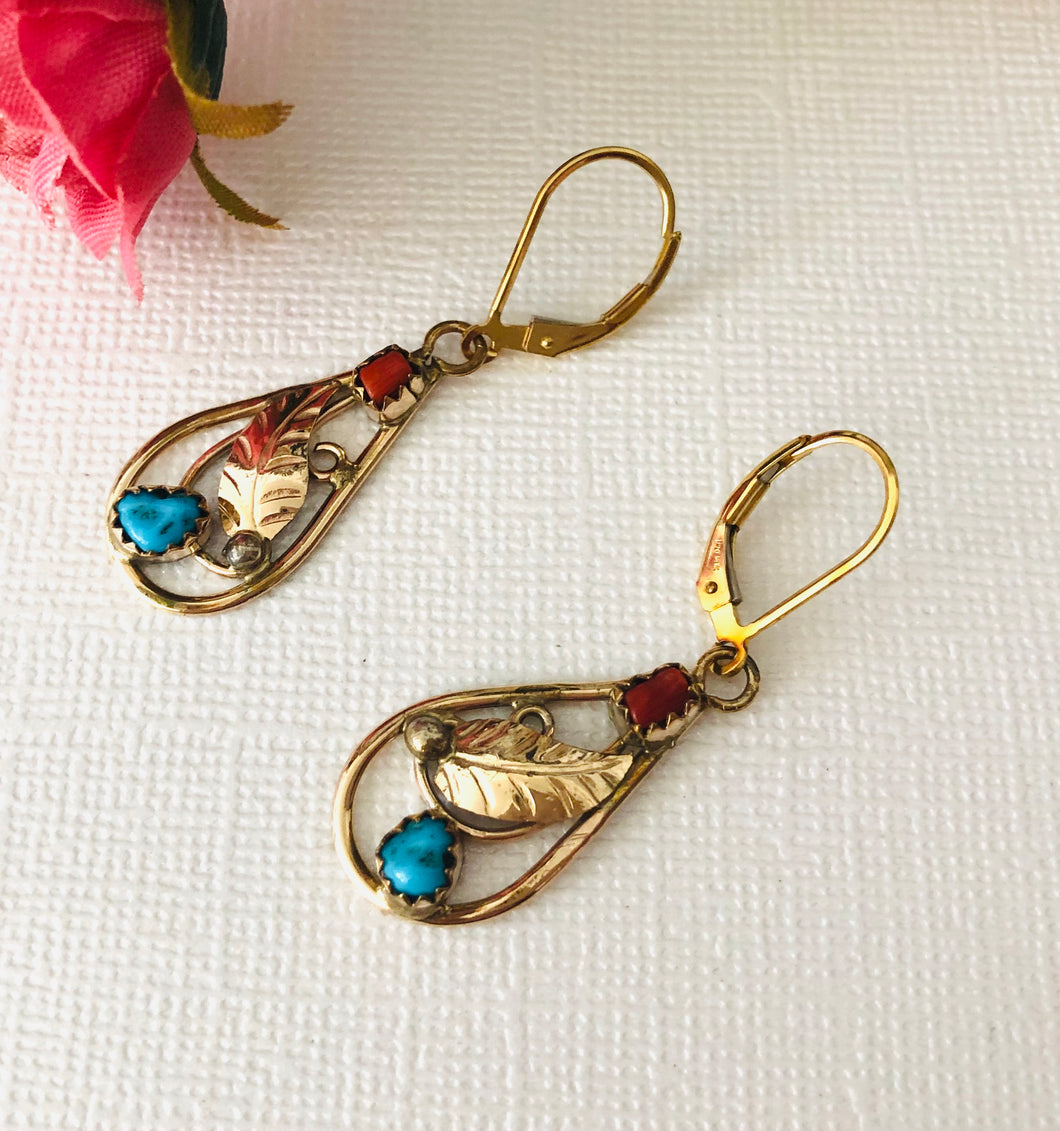 American Indian 12K Gold Fill Turquoise and Coral Lever Back Earrings, Signed by the Artist