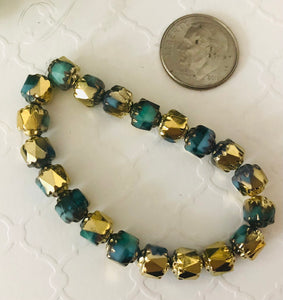 Czech Glass Cathedral Sky Blue and Tea Green with a Gold Finish, 6MM