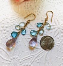 Load image into Gallery viewer, Swiss Blue Topaz and Pink Amethyst Earrings in 14K Gold Fill
