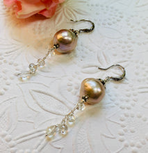 Load image into Gallery viewer, Light Mauve Freshwater Pearl and White Topaz Drop Earrings in Sterling Silver
