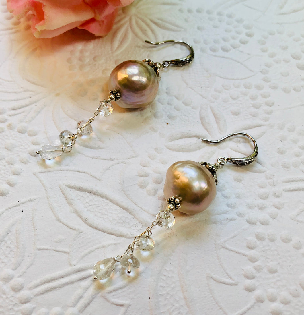 Light Mauve Freshwater Pearl and White Topaz Drop Earrings in Sterling Silver