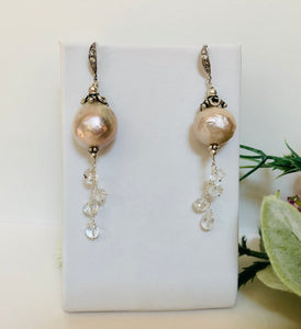 Light Mauve Freshwater Pearl and White Topaz Drop Earrings in Sterling Silver