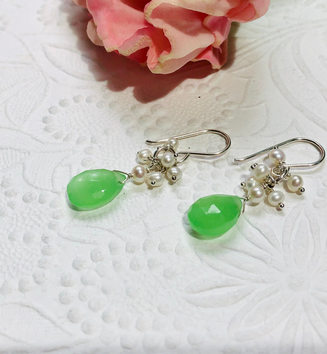 Green Chalcedony and Freshwater Pearl Earrings