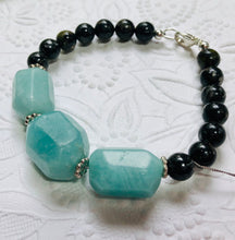 Load image into Gallery viewer, Flower Obsidian and Blue Raw Quartz Bracelet in Sterling Silver
