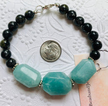 Load image into Gallery viewer, Flower Obsidian and Blue Raw Quartz Bracelet in Sterling Silver
