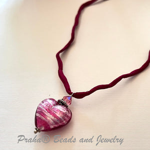 Murano Glass Pink "Puffy" Heart on Silk Cord SPECIAL PRICE!