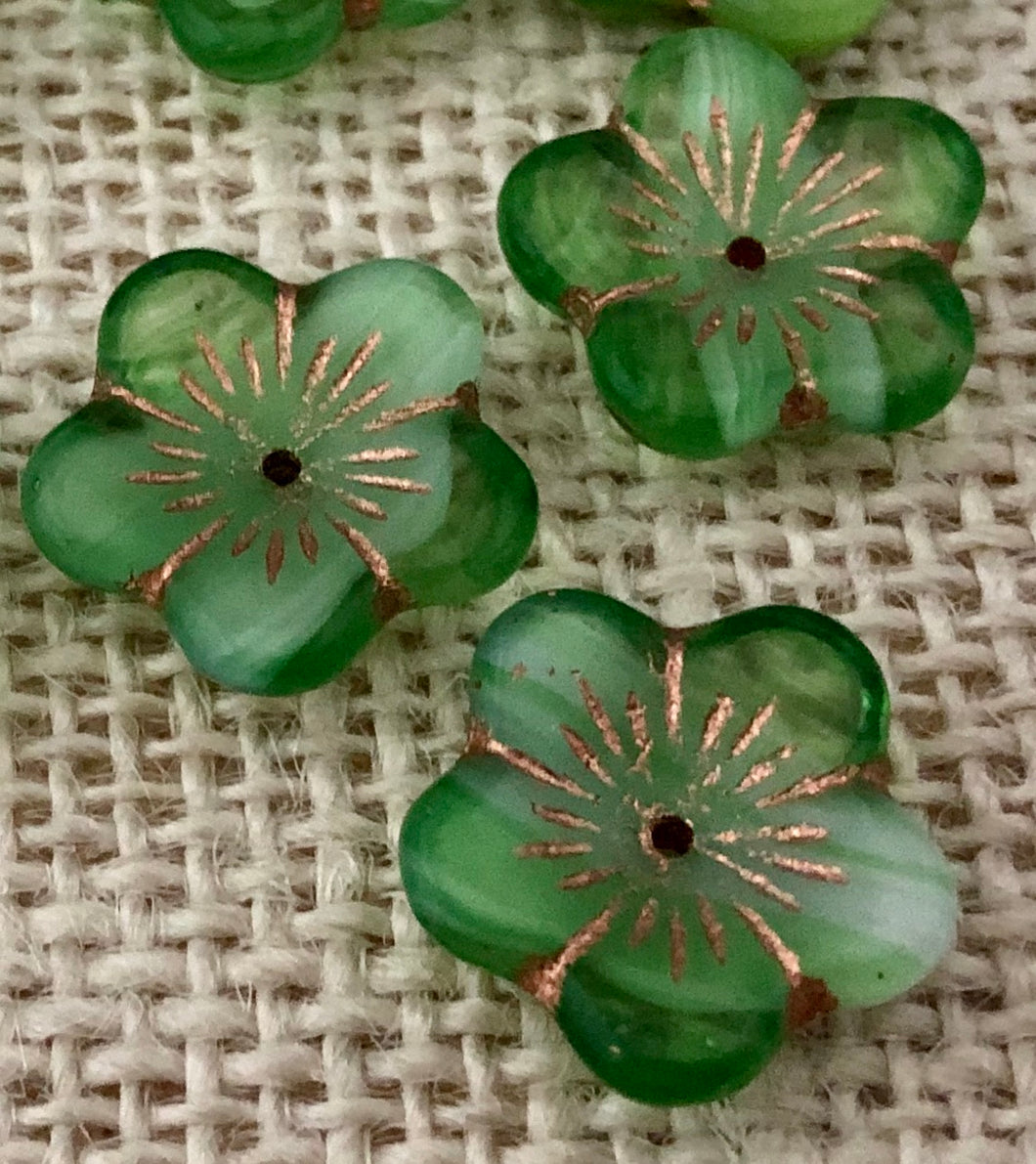 Green Puffed Hibiscus Flower Beads, Czech 16MM