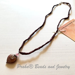 Czech Glass Light Mauve Heart Necklace on Silk Cord