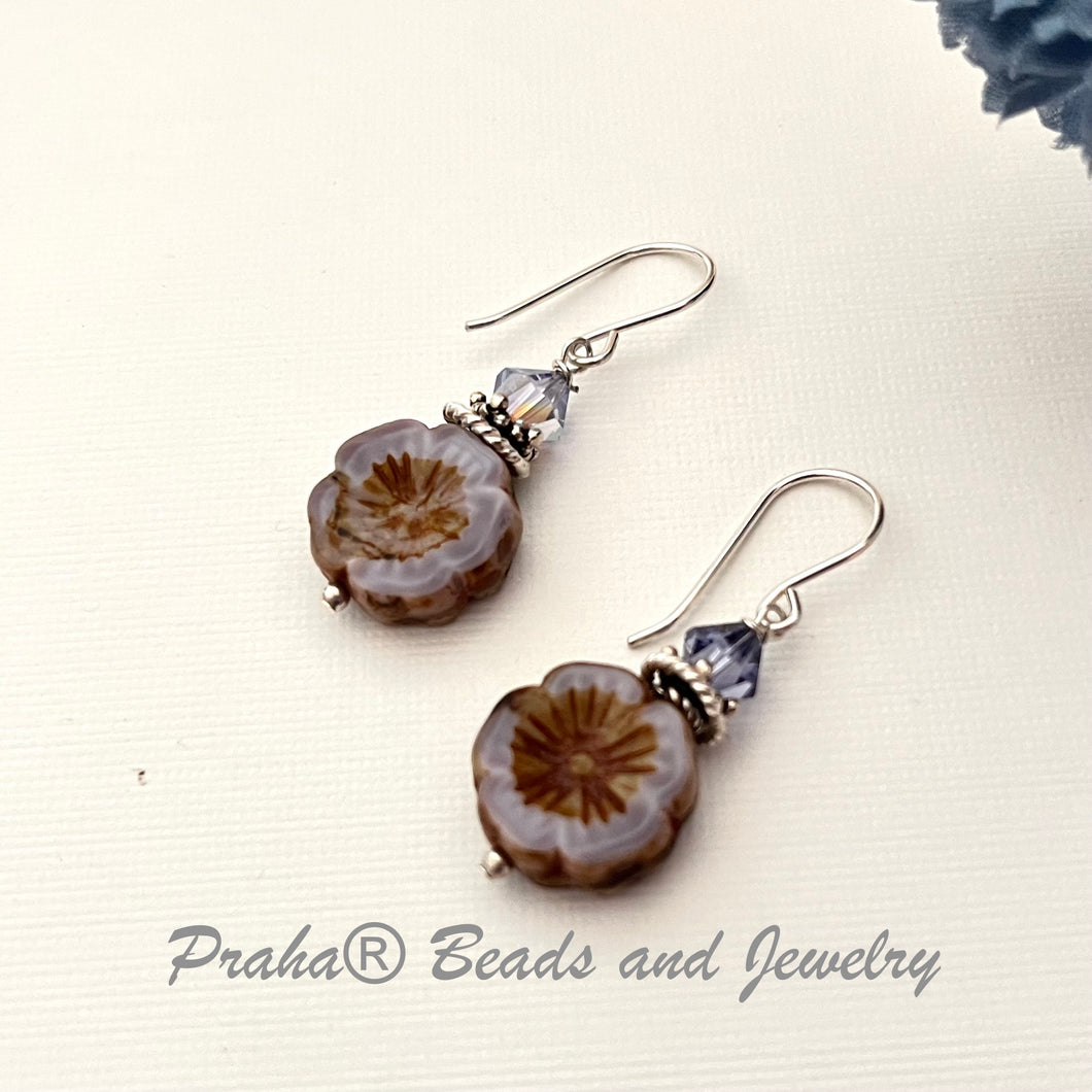 Czech Glass Lavender Flower Drop Earrings in Sterling Silver SPECIAL PRICE