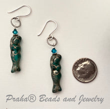 Load image into Gallery viewer, Czech Glass Dark Teal Mermaid Earrings in Sterling Silver
