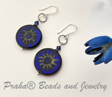 Load image into Gallery viewer, Huge Round Indigo Blue Sun Czech Glass Bohemian Drop Earrings in Sterling Silver
