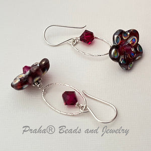 Czech Glass Dark Pink "Mirror" Flower Drop Earrings in Sterling Silver